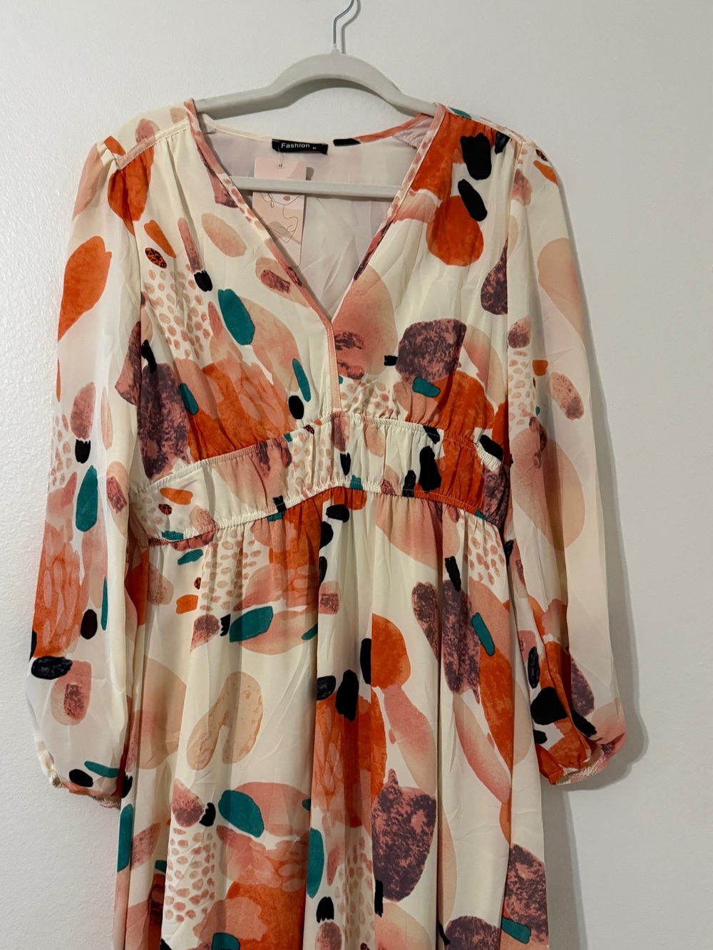 Long-Sleeve Cream Dress with Orange & Teal Abstract Print